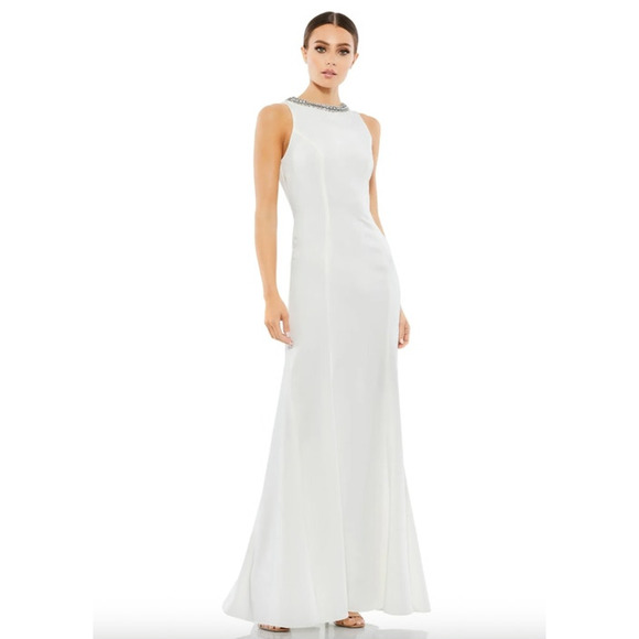 MAC DUGGAL Dress Size 0 Evening Gown NEW White Embellished Neck Trumpet - Picture 1 of 7
